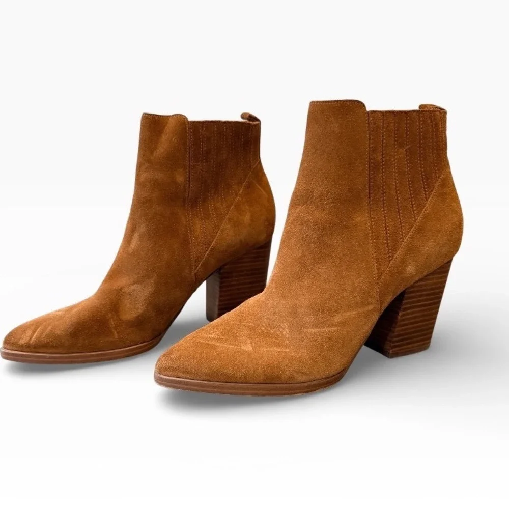 Marc‎ Fisher Gabri Camel Suede Pointed Toe Block Heel Ankle Booties Womens 9.5M